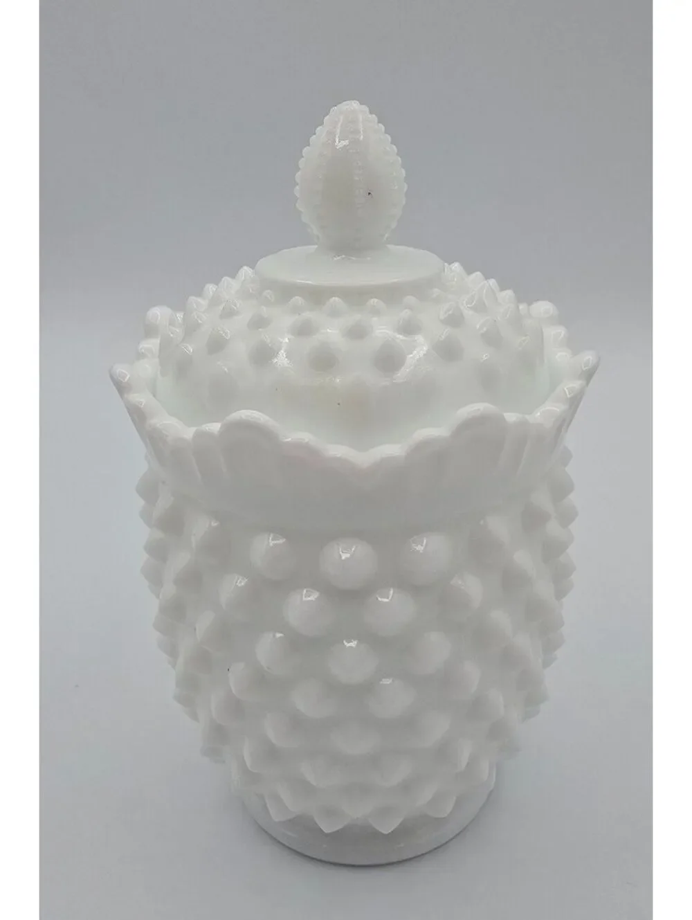 Vintage Fenton White Milk Glass Hobnail Lidded Jar with Finial MCM
